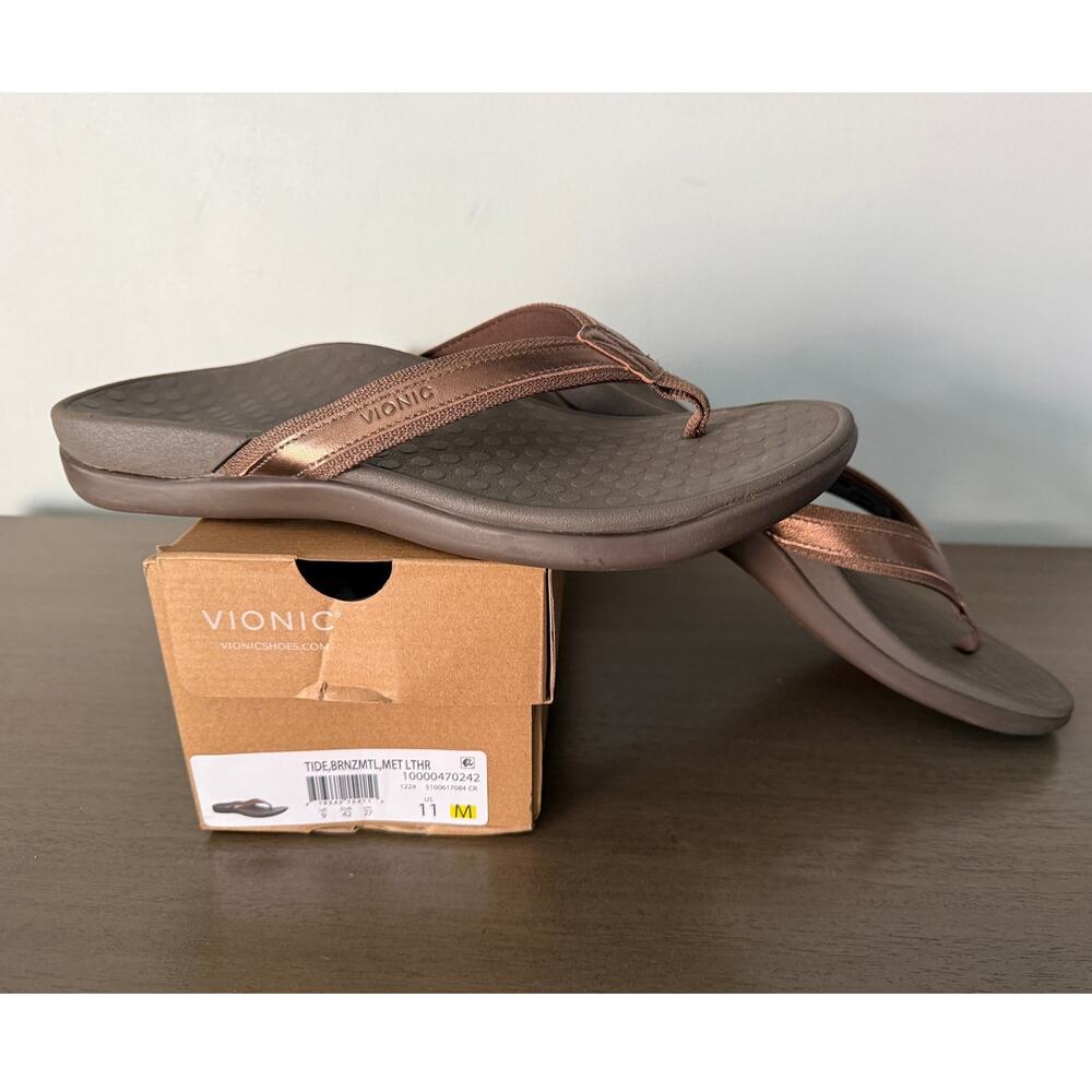 Vionic Tide Womens Flat Thong Sandals Bronze Metallic Leather Size 11 M NIB